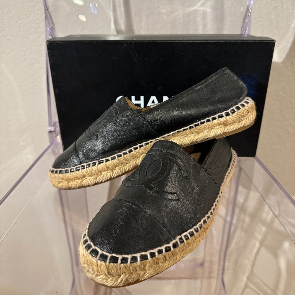 CHANEL Black Leather Espadrilles with Natural Jute Sole